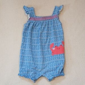 Just One You 12M Blue Dot Baby Romper with Coral Crab Applique